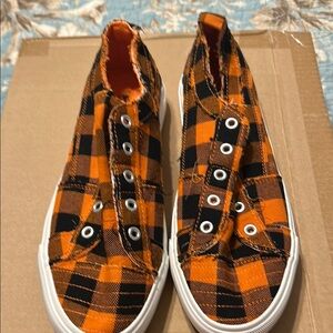 Corkys Orange and Black Plaid Sneakerss
